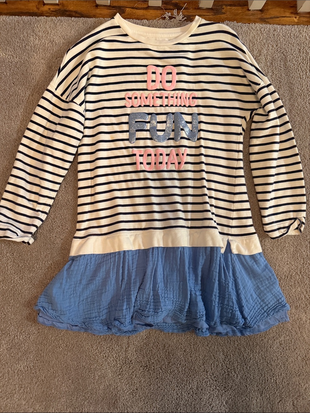Striped Cream & Navy Top with Blue Ruffle Hem - Fun Graphic Girls' Dress